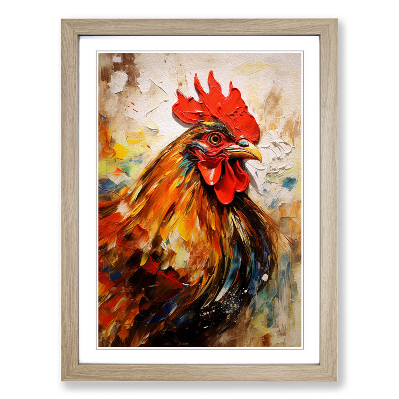Rooster Contemporary - Single Picture Frame Print on Wood, 34cm H x 25cm W x 2cm D, Oak