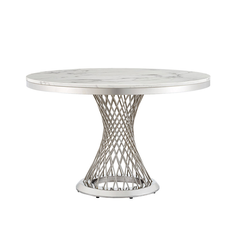 Table de salle à manger ronde de 47 po, table de cuisine moderne avec plateau de table ultrabrillant et base en acier inoxydable pour la salle à manger et la cuisine