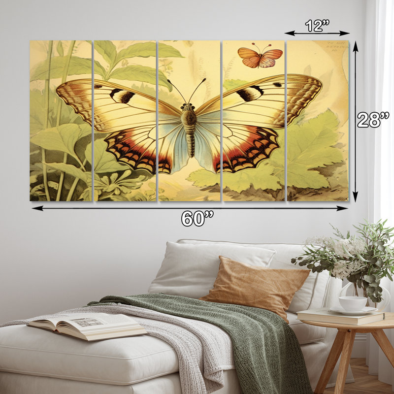 Illustration rétro de l'élégant papillon II - salon d'art mural papillon animaux - 5 panneaux égaux