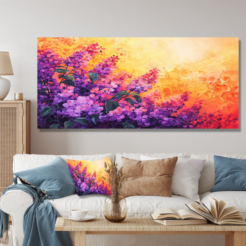 Coucher de soleil lilas mauve dans les jardins botaniques I - lilas, impression sur métal traditionnelle, H 28 po x l 60 po