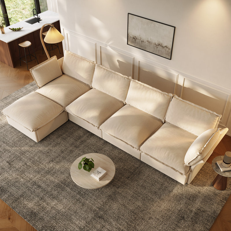 Canapé-lit modulaire en L en forme de L, canapé-lit modulaire convertible en velours, Velours côtelé beige