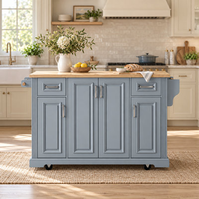 54.1 Inch Embossed Farmhouse Rolling Kitchen Island with Drop Leaf Adjustable Storage and Soft Close Doors