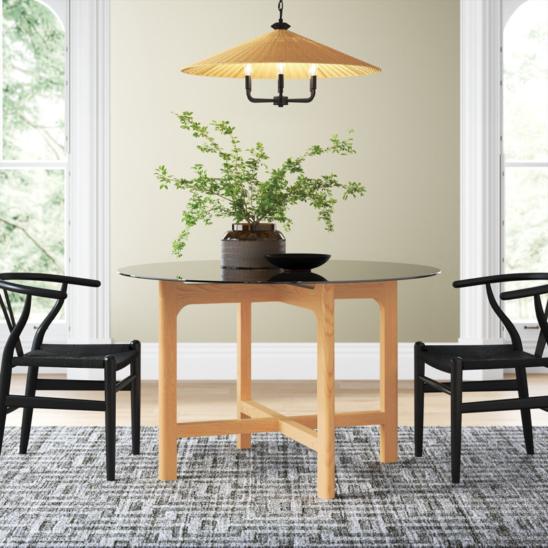 Angelou Round Glass Top with Solid Wood Base Dining Table, Black Top/Oak Base