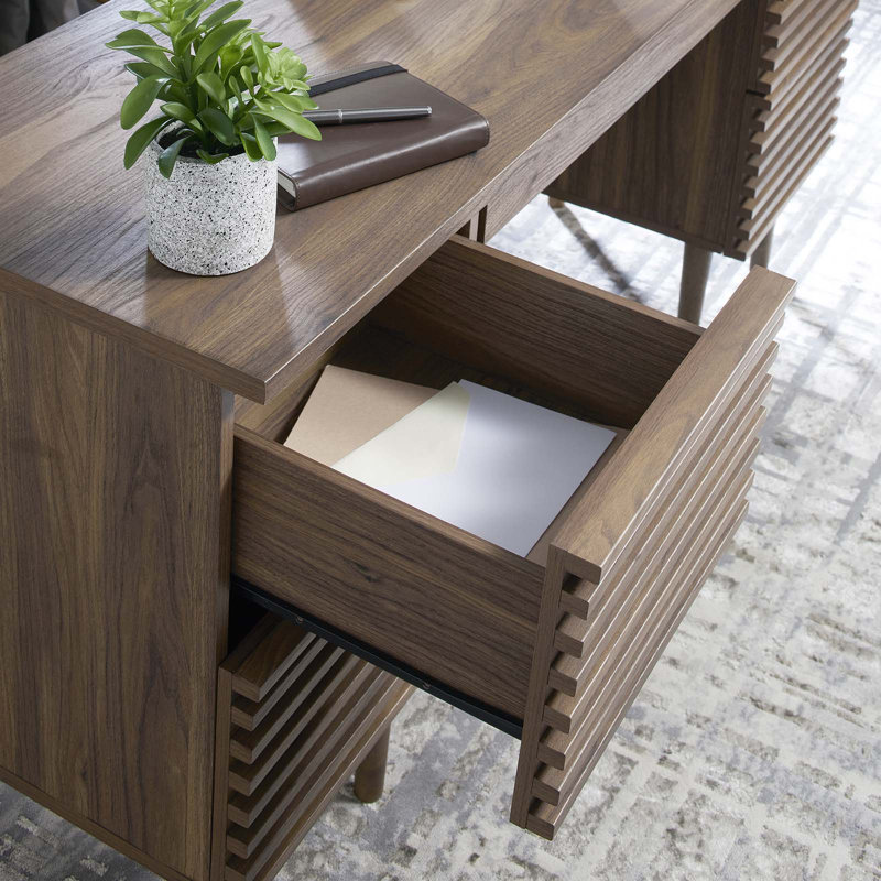 Walnut Mid-Century Modern Office Desk with Drawers and Keyboard Tray