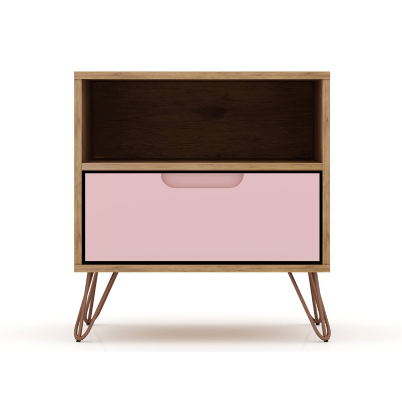 Table de chevet Mid-Century rose (20 po) - 1 tiroir, tablette ouverte | Idée cadeau