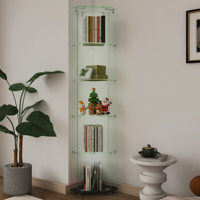 62.99"H Large Storage Glass Display Cabinet With Door And 4 Shelves, 5-Tier Diamond-Shaped Curio Cabinets With 5 Dynamic LED Modes, Bookcase Tempered Glass Floor Standing Bookshelf For Living Room, Bedroom,