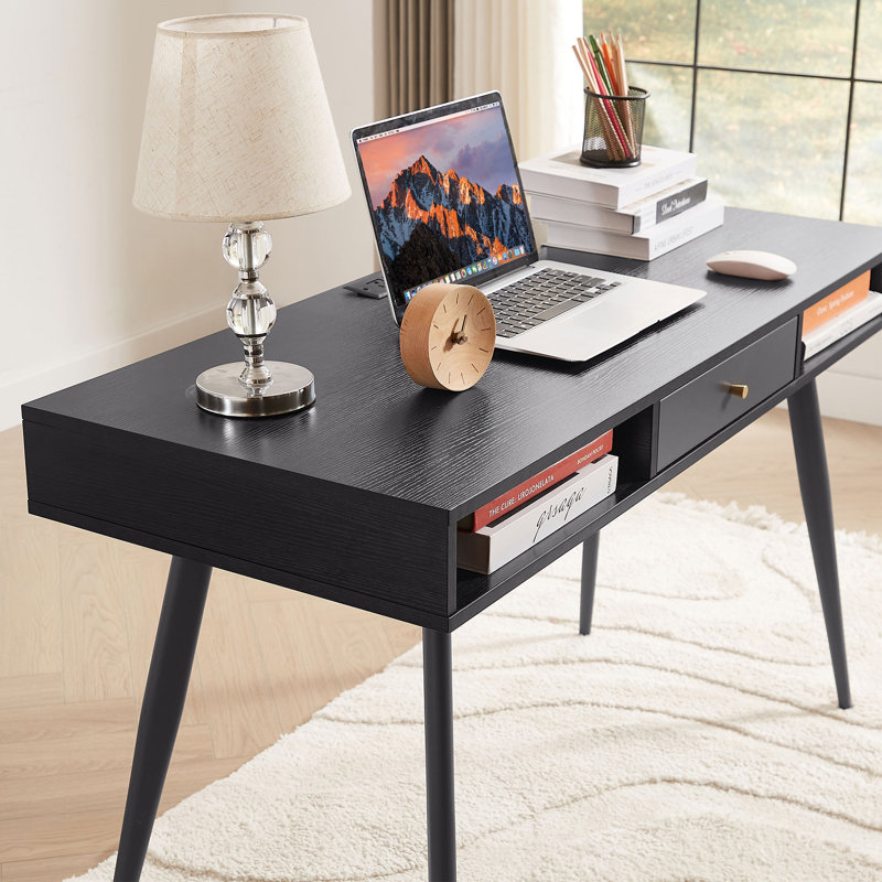 Mid Century Bublava with USB Ports and Power Outlet, Modern Writing Study Bublava with Drawers, Multifunctional Home Office Computer Bublava Black