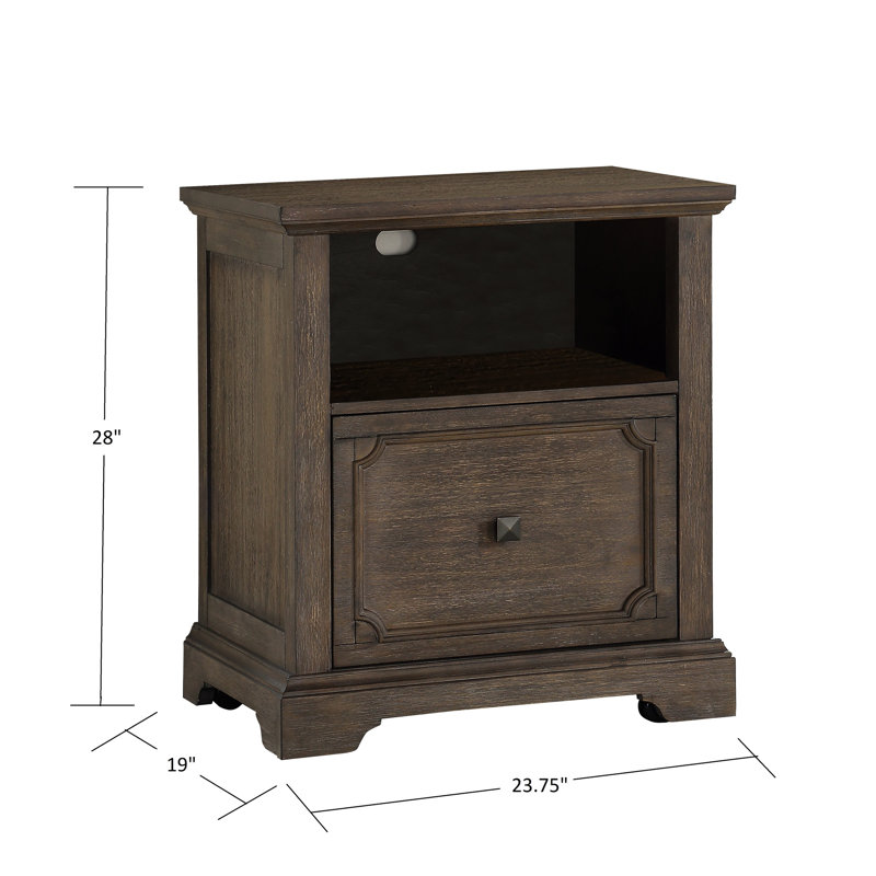 Bureau, classeur, finition chêne foncé patiné, tiroir, glissières à roulement, rangement, tablette de bureau lisse, mouvement