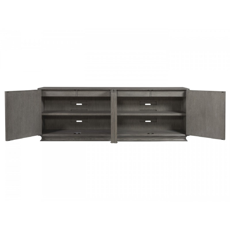 Mid-Century Modern Grey Oak Long Media Console with Raffia Accents