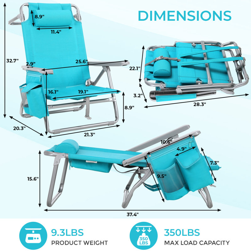 Wide 25" Low Backpack Beach Chair With 5 Position Lay Flat & Metal Handle, PVC-coated polyester Folding Beach Chair For Adults With Cooler Pouch, Storage Bag, Towel Bar, Foot Mat, For Camping, 350Lbs(Sky Blue)
