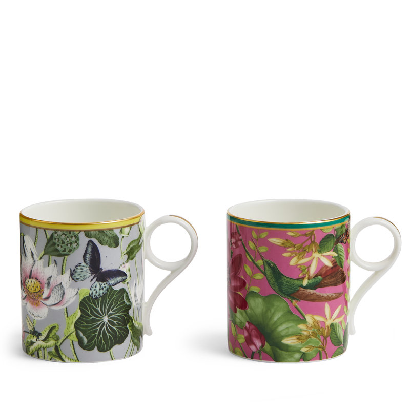 Pink and Green Ceramic Floral Animal Print Mug Set