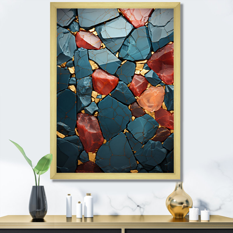 Mosaïque de pierre rouge - décoration murale en marbre, Encadrement doré, H 32 po x l 24 po x P 1 po
