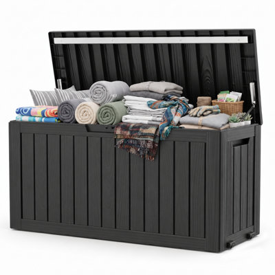 90 Gallon Outdoor Storage Box, Weather-Resistant Resin Deck Box with Lockable Lid, 450 lb Top Capacity for Patio Cushions, Pool Toys, Garden Tools & Outdoor Accessories