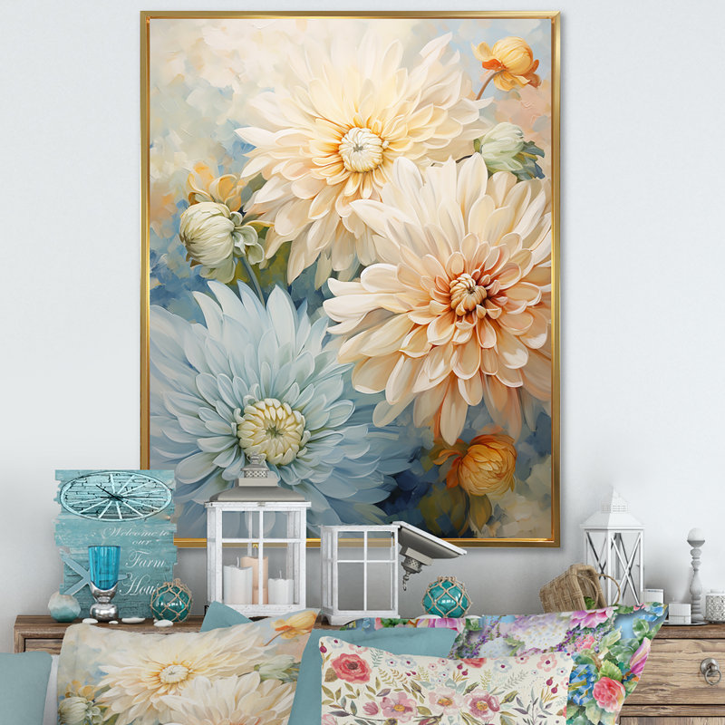 «Blooming White Mums» sur fond bleu I sur toile, Cadre flottant doré, H 44 po x l 34 po x P 1,5 po