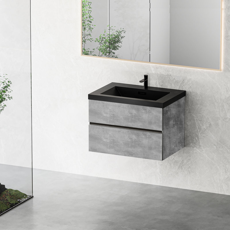 Meuble-lavabo de salle de bain moderne 30 po, gris avec plateau en quartz noir et élément de mèche