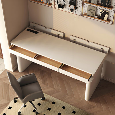 Simple Cream White Smart Height Adjustable Desk, Study Desk with Built-in Power Strip & Charging Station