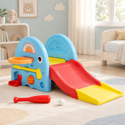 Ensemble 5-en-1 de glissade pour tout-petits, glissade intérieure et extérieure pour enfants de 1 à 3 ans, glissoire pour bébé avec panier de basketball, ensembles de basketball, de golf et de baseball