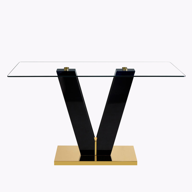 Rectangular Glass Dining Table, Tempered Glass Top, V-Shaped Bracket, 71" L x 39.37" W, Black/Gold, 30"