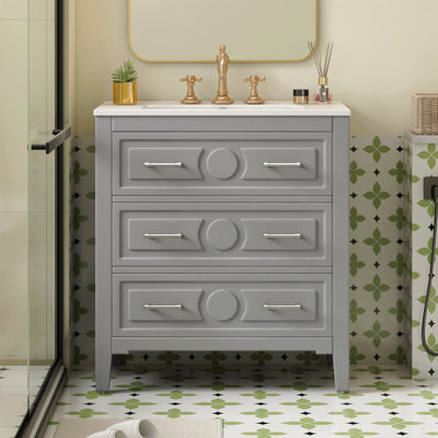 Ensemble de meuble-lavabo avec lavabo en céramique, meuble-lavabo simple autoportant avec 3 tiroirs et armoire de rangement en bois massif