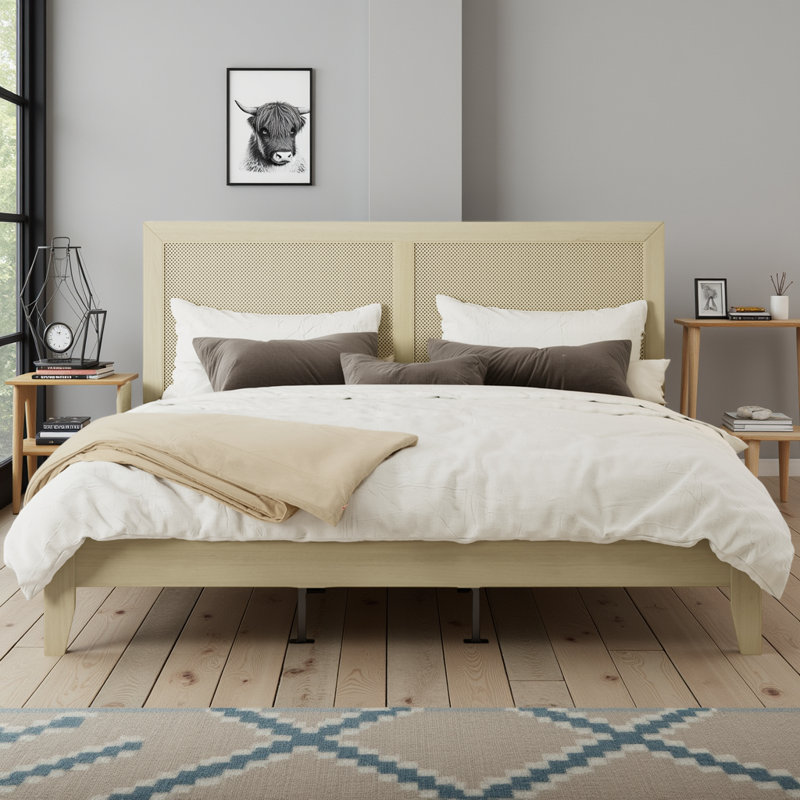 Natural Solid Wood Platform Bed with Woven Rattan Headboard, Bed Frame for Coastal, Boho & Farmhouse Bedrooms, King