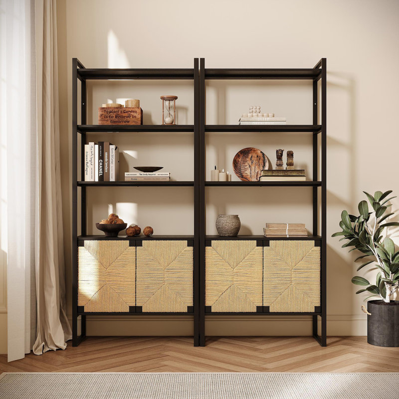 Natural Rattan Cabinet Door  Storage Bookshelf , Dual-Function Open Display Shelf With Closed Cabinet For Living Room,Entryway,Bedroom