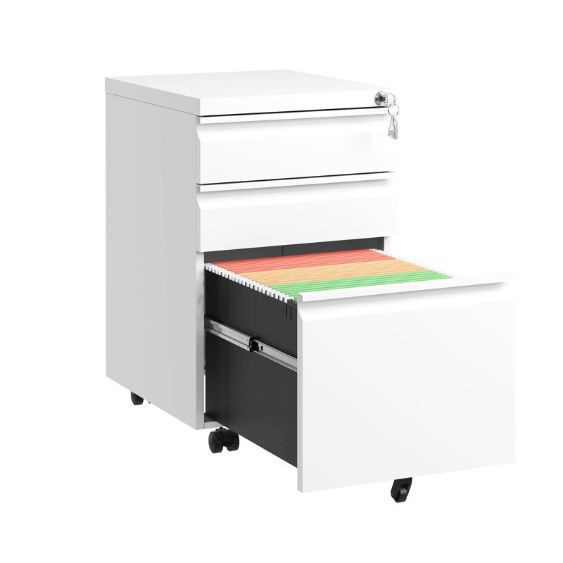 3 Drawer Metal File Cabinet With Lock, White. Fully Assembled For Workspace. Holds Letters/legal/a4 Files. Secure Storage Area. Drawers Come Removable Pencil Tray. Smooth Mobility Via 5 Wheels.
