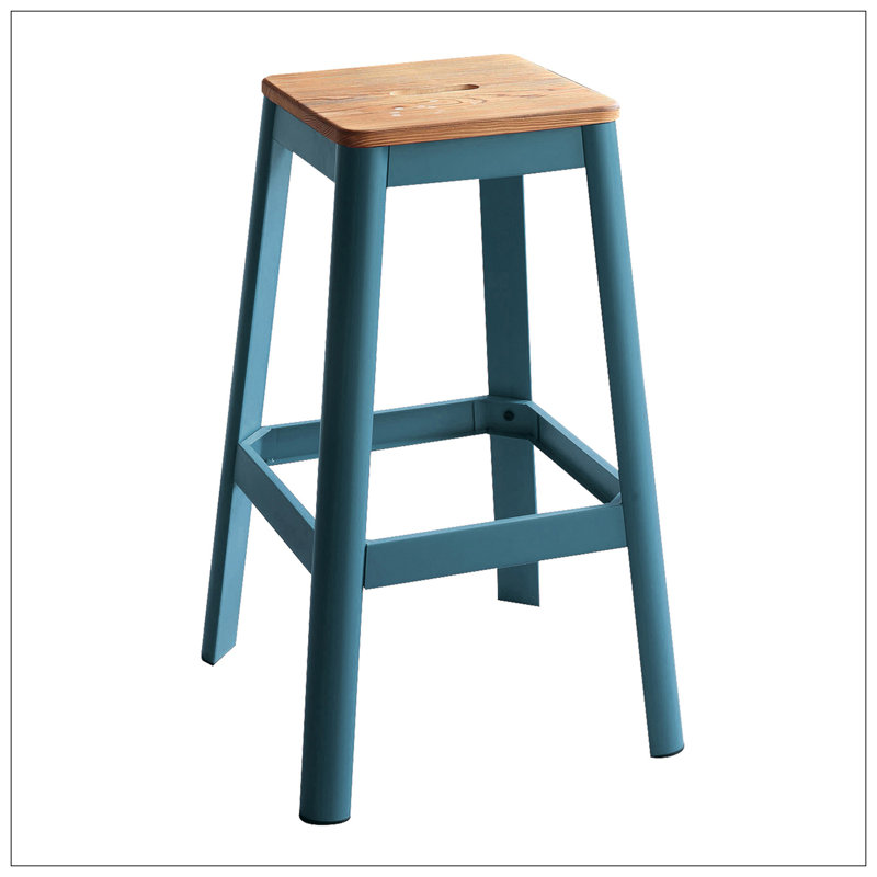 Armless Bar Stool With Crossbar Support, Brown/Blue