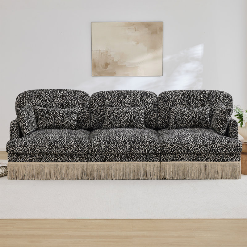 Comfy Chenille Leopard Printing Sofa, Khaki, 34.6" H x 100.3" W x 33" W