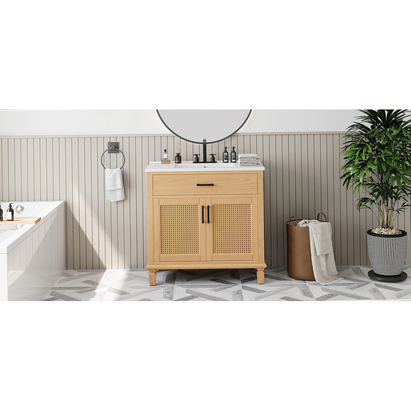 Meuble-lavabo en rotin avec lavabo en céramique, portes et tiroirs à fermeture en douceur, conception autoportante pour le rangement de grands espaces et l'artisanat