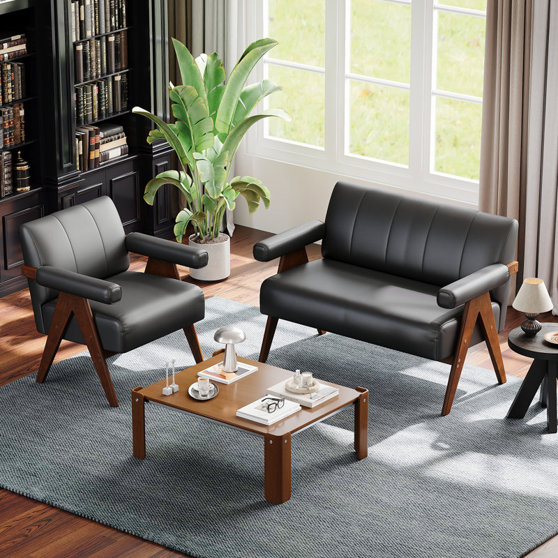 Ensemble de salon en similicuir noir (2 pièces), Black, 2 Pcs: Chair, Loveseat