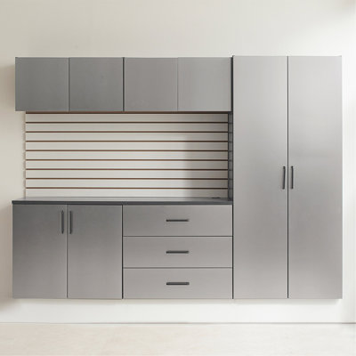 Série, Armoire de garage, Finition gris métallique, Tiroirs, Eau et chaleur, Bandes de bordure améliorées, Caractéristiques de la tablette, Support en métal robuste, Installation ajustable 2 fois plus épaisse, Double