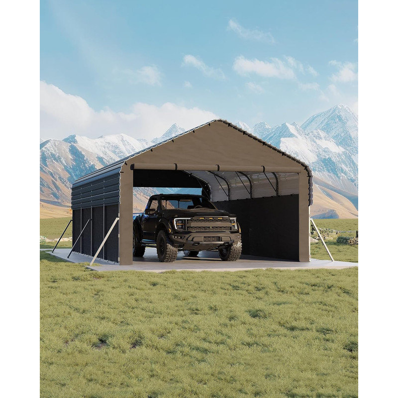 12x20 FT Metal Carport, Enclosed Shelter with Steel Frame & 220g Tarp for Trucks, 8.56' H x 15.19' W x 19.17' D