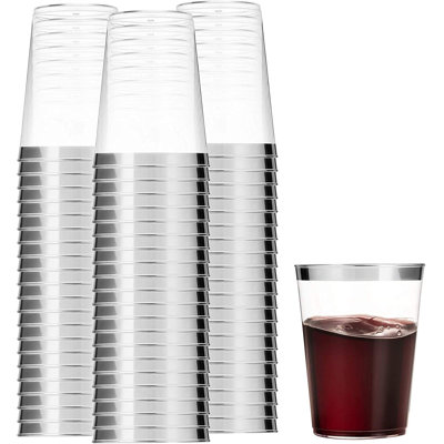 100 Pack Silver Rim Clear Plastic Cups Disposable 10 Oz Party Cocktail Cups
