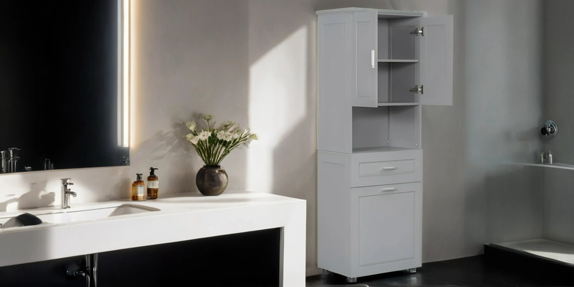 SenQWFa Tall Bathroom Cabinet With Laundry Basket, Large Storage Space ...