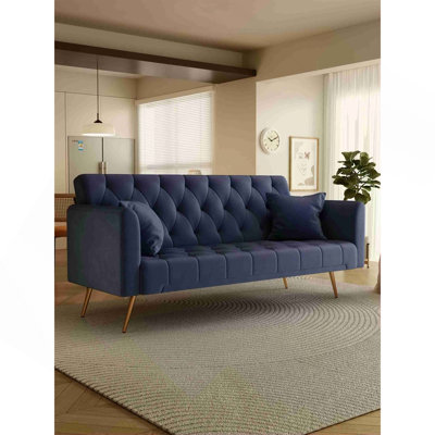 71-inch convertible love seat sofa, American retro blue velvet material, suitable for small living room, bedroom, office