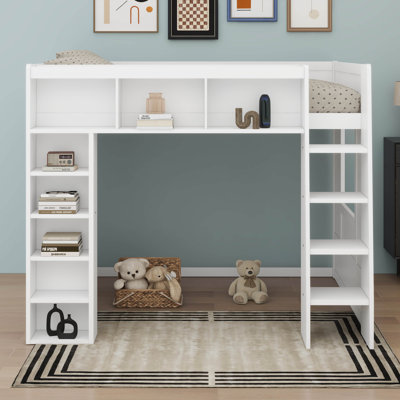 Wooden Queen Loft Bed With Cabinets And Shelves, Space-Saving Modern Design
