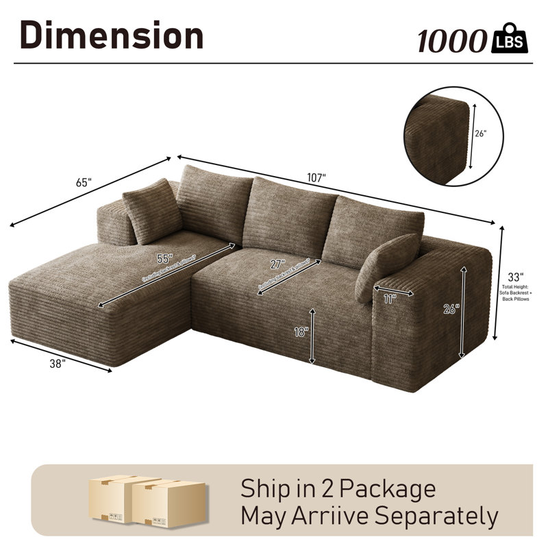 Adame Boneless Sectional Sofa Couch With L-Shaped Chaise, Cup Holders & Storage Pockets - No Assembly Required, Light Brown