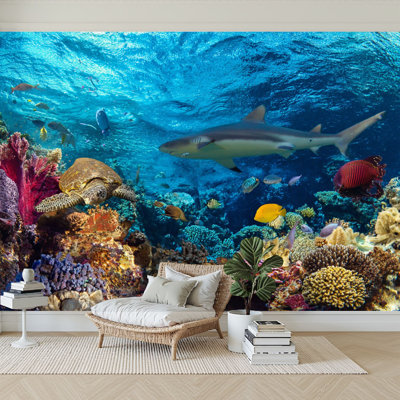 Peel and Stick Wallpaper 96" W x 69" H Modern Self Adhesive Wall Mural for Bedroom Tropical underwater coral reef fish landscape