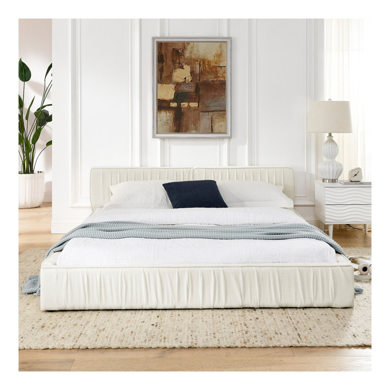 Grand cadre de lit tapissier grand avec tissu en chenille avec conception plissée, grand lit plateforme avec tête de lit et cadre. Pas besoin de sommier tapissier - beige