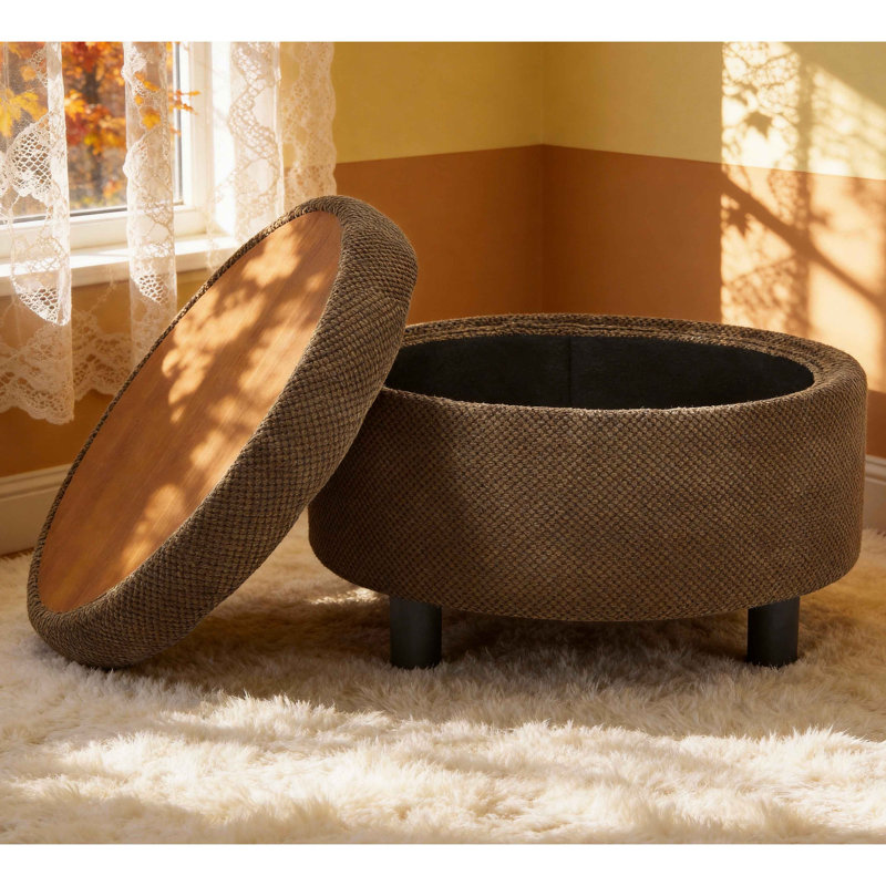 Repose-pieds rond avec rangement de 25 po avec plateau, repose-pieds rembourré en tissu avec plateau amovible