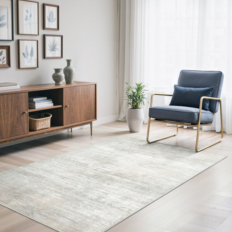 Abstract Modern Machine Washable Gray / Beige Indoor Area Rug with Non-Slip Backing, Rectangle 3' x 5'