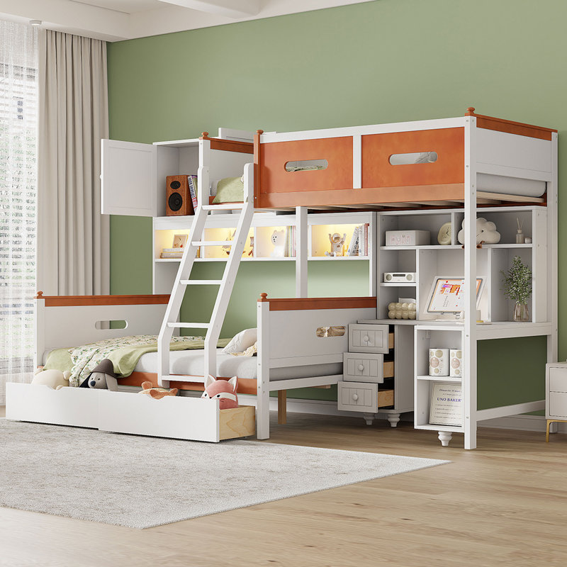 Lit superposé en bois blanc avec bureau et rangement