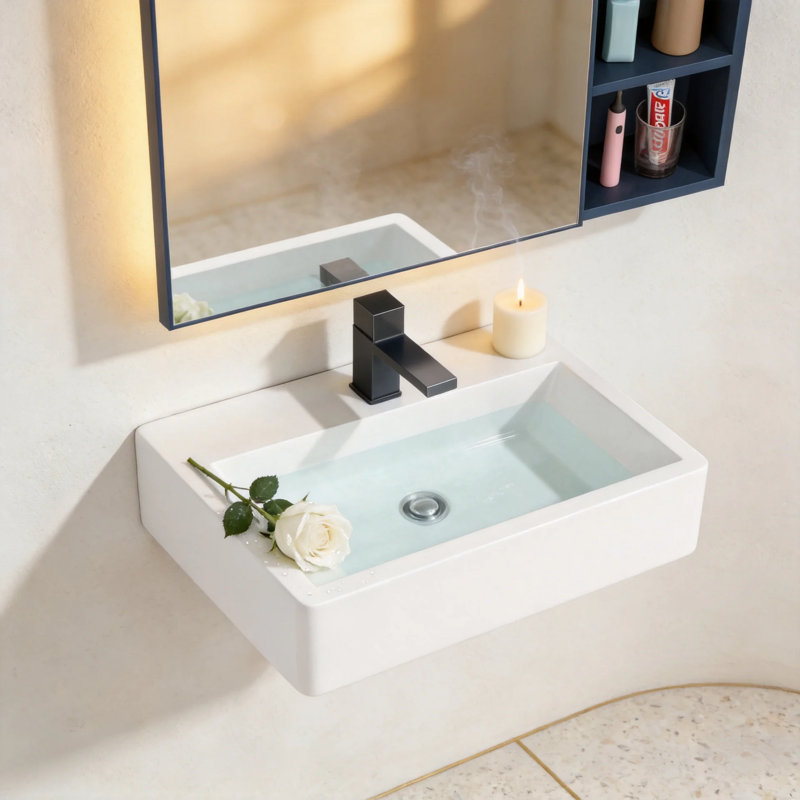 21" x 16" White Vitreous China Rectangular Wall Mount Bathroom Sink with Overflow and Single Faucet Hole, Floating Sink with 1.75" Drain and Top Shelf