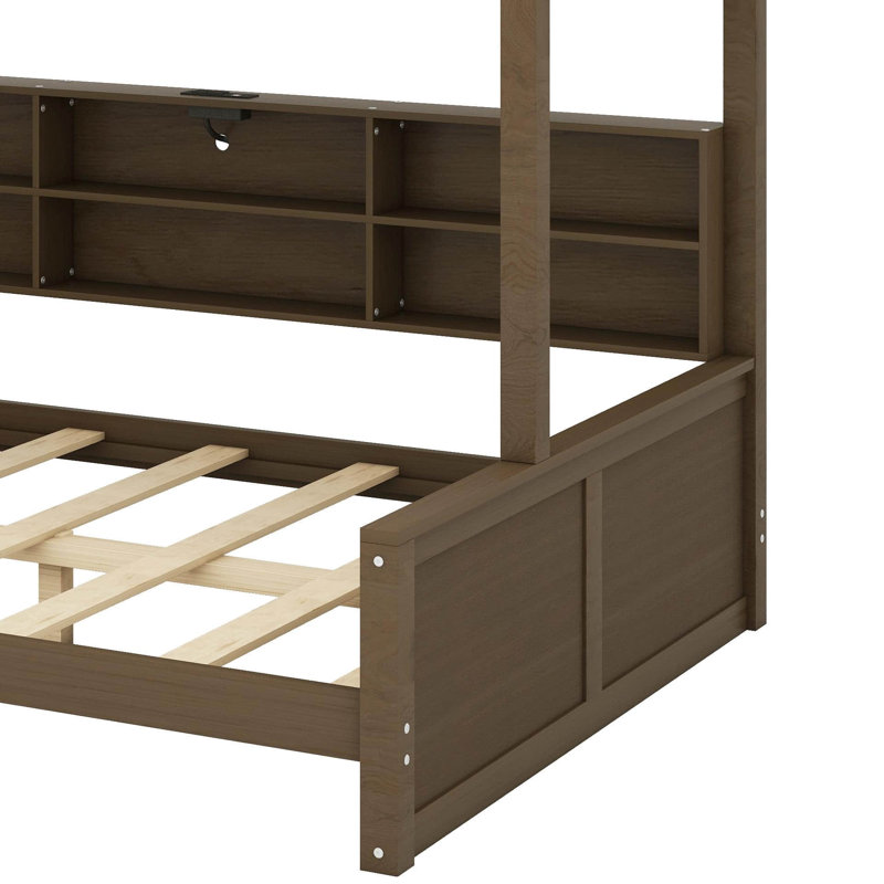 Lit simple superposé au-dessus de grand lit simple avec armoires de rangement et ports USB, Couleur de bois antique