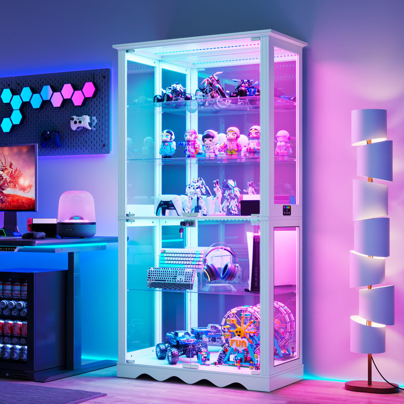  Vitrine en verre 70,9 "de haut, armoires à 5 niveaux avec éclairage RVB et capteurs de corps humain, Blanc