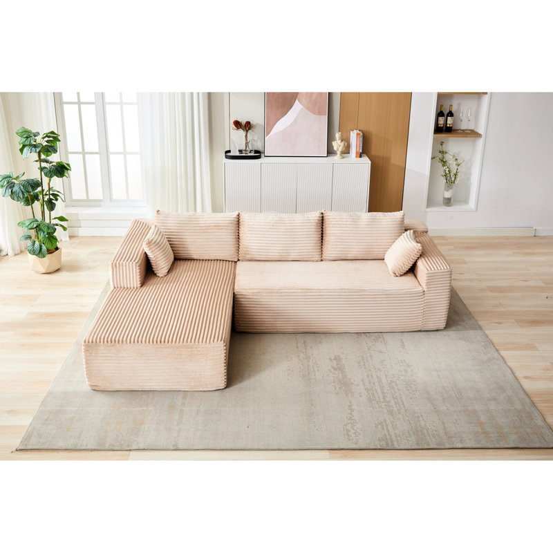Velours côtelé modulaire minimaliste en forme de L beige sans os, méridienne confortable, assise profonde pour le salon