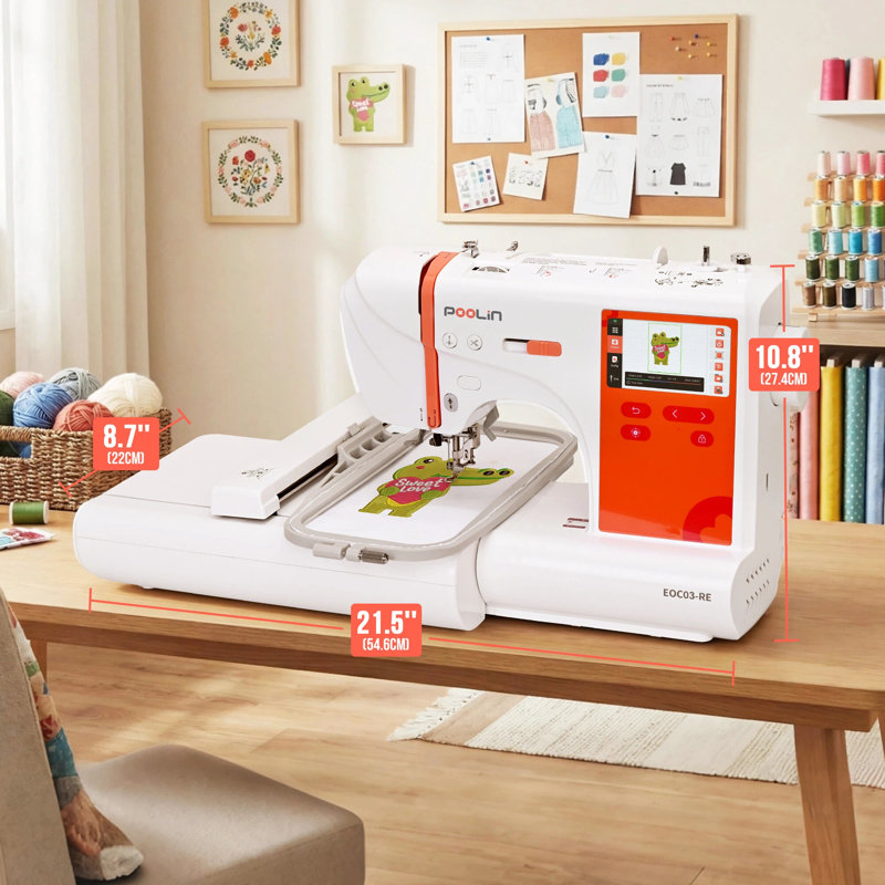 Machine à coudre et à broder informatisée Poolin EOC03RE (2in1), zone de broderie de 9,2 po x 4 po, écran tactile ACL de 4,3 po, 8 fontes, 12 langages, 154 motifs de fantaisie, USB et sans fil, logiciel, 2 cerceaux, bricolage fait à la main, cadeaux pour femmes
