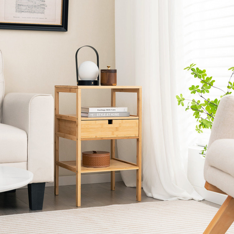 Nightstand Bamboo End Table with 2 Open Shelves and Drawer
