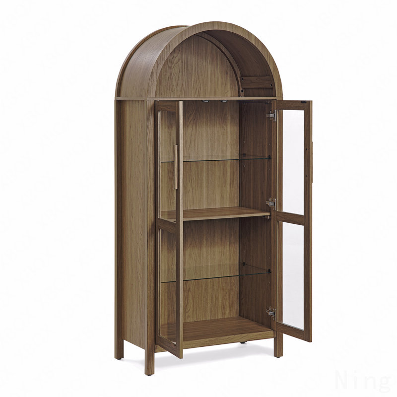 Armoire de rangement à porte en verre arquée avec tablettes réglables, Brun