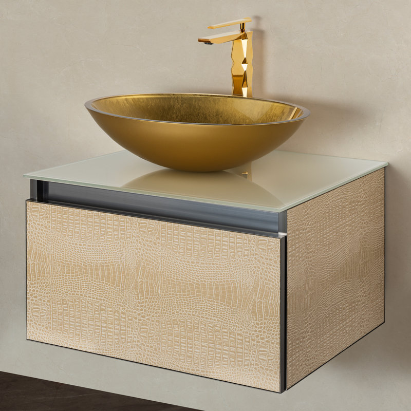 Meuble-lavabo simple avec comptoir, Crocodile clair, 24", Verre trempé blanc